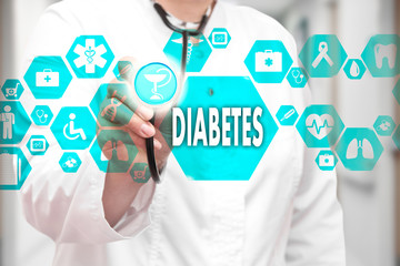 Medical Doctor with stethoscope and Diabetes icon in Medical network connection on the virtual screen on hospital background.Technology and medicine concept.