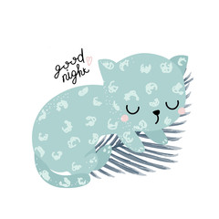 Little leopard sleeping on the tropical leaf. Sweet childish print. Vector hand drawn illustration.