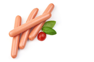 Boiled pork sausages, top view, isolated on white background