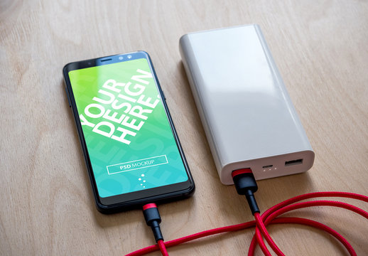 Smartphone Plugged into Portable Charger Mockup