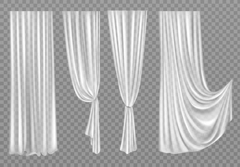 White curtains set isolated on transparent background. Folded cloth for window decoration, soft lightweight clear material, fabric hangings drapery of different forms. Realistic 3d vector illustration - obrazy, fototapety, plakaty
