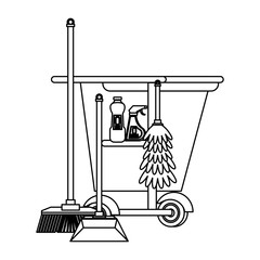 Set of cleaning equipment and products in black and white