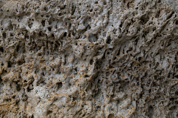 Background of old stone. Limestone is a sedimentary, detrital rock of organic, less often chemogenic origin, consisting of calcium carbonate (CaCO3) in the form of calcite crystals.