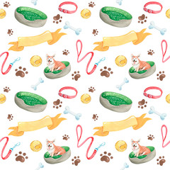 Obraz premium Corgi dog and wild plants. Seamless pattern.