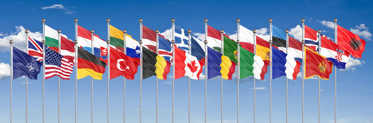 The 28 waving Flags. Isolated on sky background  - 3D illustration. © Evgenia