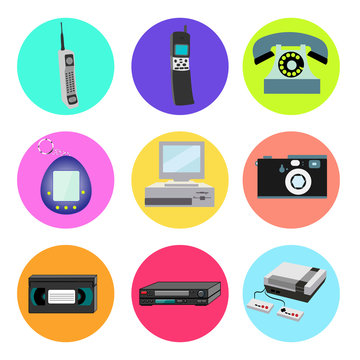 Set of trendy retro old cool hipster vintage round icons from 70s, 80s, 90s items mobile cell phone, electronic toy, computers, camera, videotape, video recorder, game console