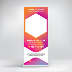 Fototapeta premium Banner design, roll-up stand for advertising, layout for conferences, seminars, poster template for placing photos and text. Creative background for presentation