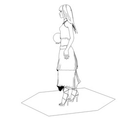 woman character, 3D illustration, sketch, outline