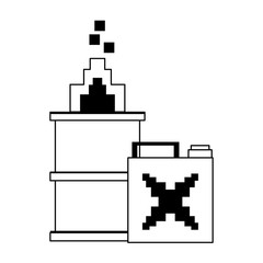 Obraz premium Videogame pixelated barrel in fire with fuel can in black and white