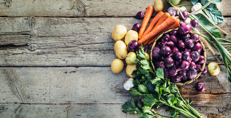 Red onion in bronze bowl garlic carrot potatoes celery herbs and kohlrabi on garden table - Top of...