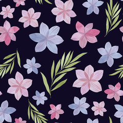 Seamless watercolor flowers pattern. Flowers and leaves. Hand painted purple color. Floral pattern for design. Seamless floral pattern Painted flowers for packaging, wallpaper, fabrics.