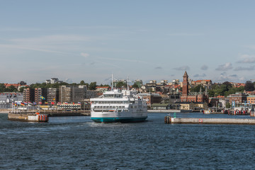 the electrical ferry Forsea from Denmark arrives at the port of Helsingor, Sweden