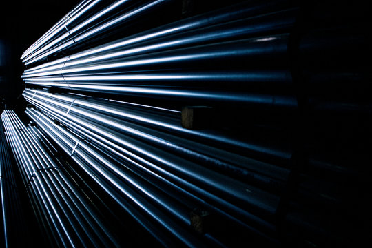 View of steel tubes in warehouse