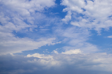 Blue sky in the soft white clouds. Natural cloudscape background, texture. Wide Horizontal Wallpaper With Copy Space