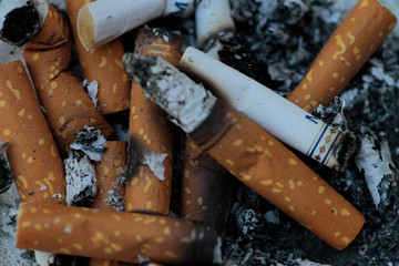 Filtered cigarette butts, ash and smoke inside the ashtray.