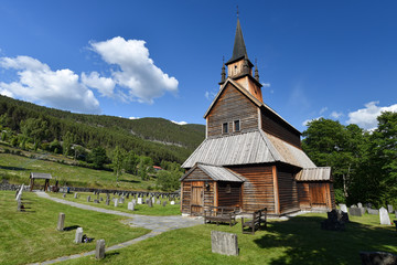 Fototapeta na wymiar Kaupanger Stave Church is the largest stave church in Sogn og Fjordane county, Norway.