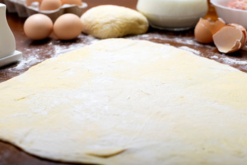 Making dough from eggs and milk. Cooking and home concept