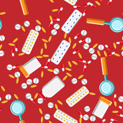 Medical seamless pattern, the texture of medicinal pharmaceutical tablets, cans, capsules, vitamins, drugs, plates, fish oil, thermometer, magnifier on a red background. Concept: health care