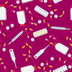 Fototapeta na wymiar Medical seamless pattern, texture of medicinal pharmaceutical pills, cans, capsules, vitamins, drugs, plates, antibiotics, fish oil, thermometer isolated on a purple background. Concept: health care