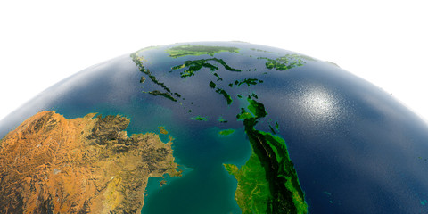 Detailed Earth on white background. Southeast Asia. Indonesia