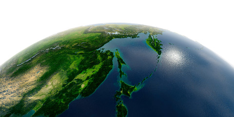 Detailed Earth on white background. Russian Far East, the Sea of Okhotsk