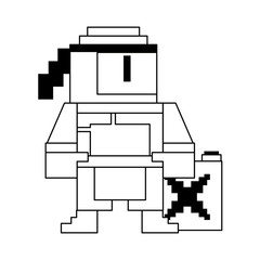 Videogame pixelated ninja character symbol in black and white
