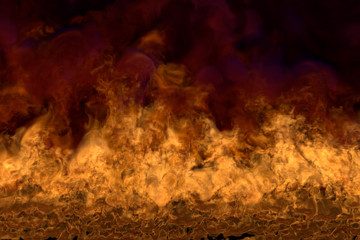 Flame from image bottom corners - fire 3D illustration of mystic fiery fireplace, sylized frame with dense smoke isolated on black