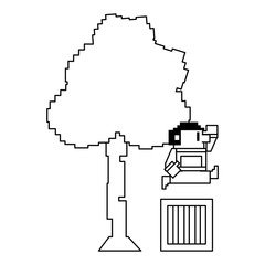 Videogame pixelated character in scenery