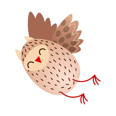 Cute happy flying owl bird with red beak