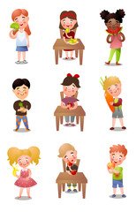 Set of different kids that eating healthy fresh food