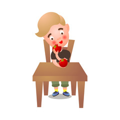 Cute happy blonde boy stay at kitchen and eating red fresh tomato