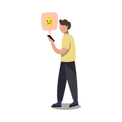 Cute boy with smartphone receive sad emoji sticker