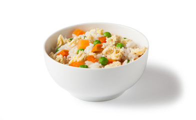 white bowl with egg fried rice, rice, vegetable and egg isolated on white background.
