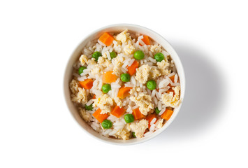 white bowl with egg fried rice, rice, vegetable and egg isolated on white background. Top view.