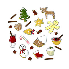 Christmas and winter different desserts set objects isolated on white. Hand drawn color stock vector illustration festive elements for restaurant and cafe menu, for web