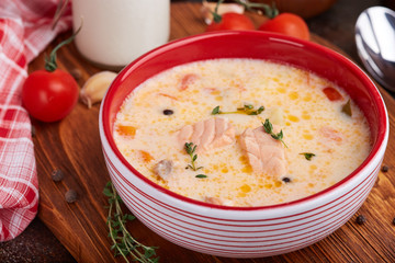  Soup with salmon fish, cream, potato and tomato