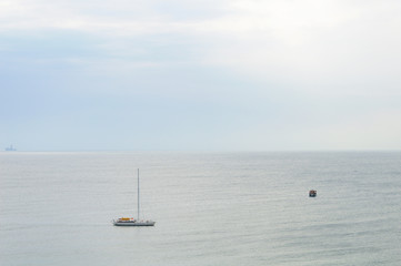 Background with beautiful seascape with boats, calm sea and relaxing view, summer traveling and vacation near the water