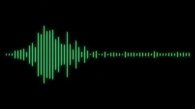 Audio spectrum or waveform, animation, sound waveform on black background. Audio signal.