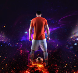 Football scene with soccer player in front of a futuristic digital background