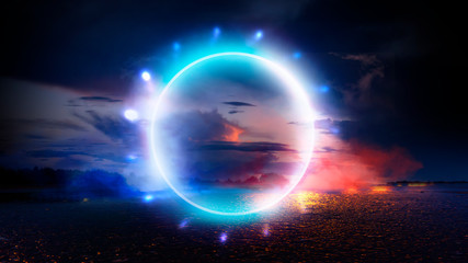 Empty street scene background with abstract spotlights light. Night view of street light reflected on water. Rays through the fog. Smoke, fog, wet asphalt with reflection of lights.