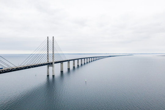 Fototapeta Aerial view of the bridge between Denmark and Sweden, Oresundsbron. Oresund Bridge close up view.