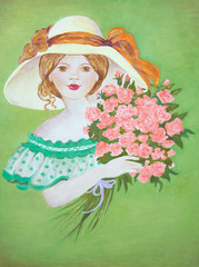 Portrait of a little girl in a white hat with a bouquet of red roses on a green background. Watercolor painting.