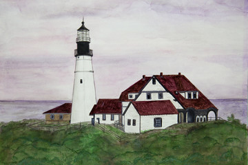 Fototapeta na wymiar View of the lighthouse and a brick house. Watercolor painting.