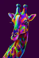  Giraffe. Abstract, kleurrijk artistiek portret van een giraf op een donkerpaarse achtergrond in de stijl van pop-art. © AnastasiaOsipova