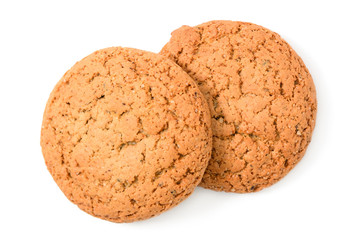 Homemade cookies. Two sweet cookie made from oatmeal flour. Tasty biscuit in high resolution closeup isolated on white background, top view. Homemade bakery.