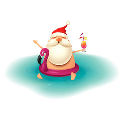 Santa Claus with Flamingo float swim and celebrate summer - funny summer vector illustration