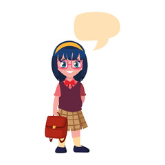school girl with bag talk bubble