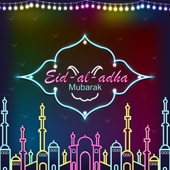 Eid Mubarak poster, banner or greeting card design. Vector illustration of abstract light background with glowing neon. Eid al-Adha. the sacrifice a ram, trendy modern graphic design.