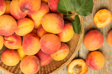 Top view of freshly harvested apricots in the bowl on the table