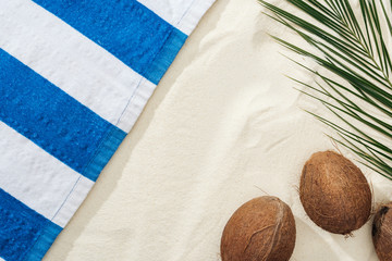 top view of palm leaf, coconuts and striped towel on sand